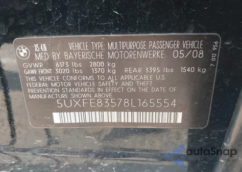 2008 BMW X5 4.8I from USA, damaged, VIN 5UXFE83578L165554